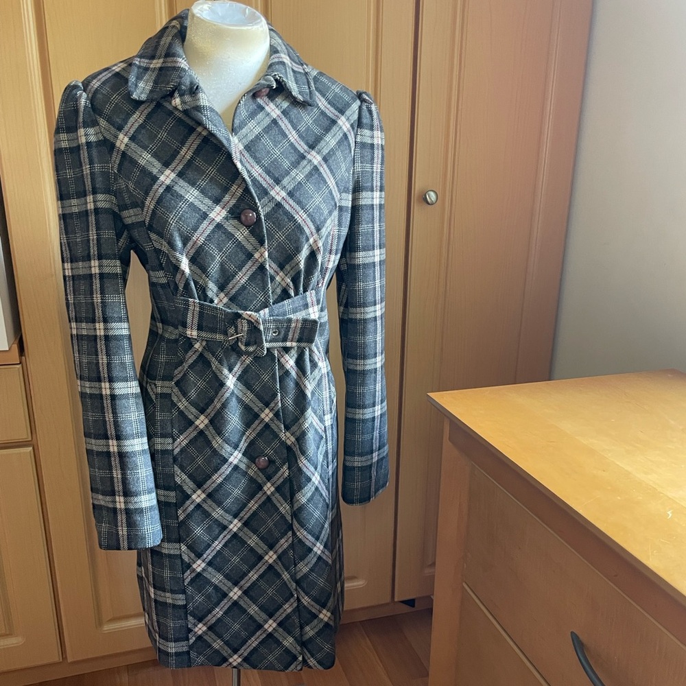 Via Plaid Belted Mixed Wool Coat